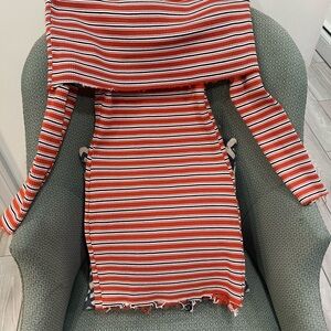 Better Be Off the Shoulder Orange White & Black Striped Ribbed Long Sleeve Dress